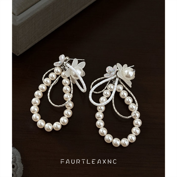 Silver Tone Flower And White Pearl Double Loop Stud Earrings