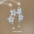 White Floral Branch Drop Earrings With Pearl Accents view 2