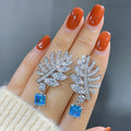 Crystal Leaf and Blue Square Drop Earrings in Silver Tone view 3