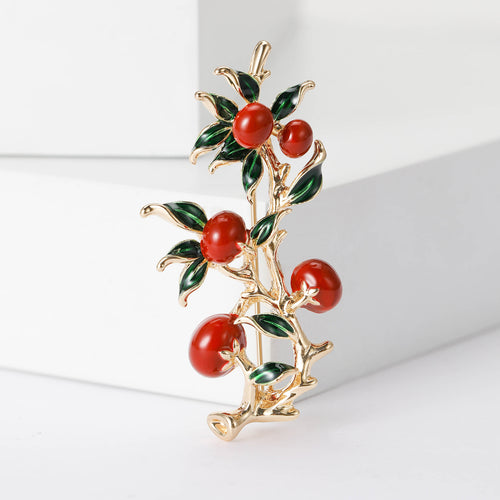 Red enamel persimmon branch gold brooch front view