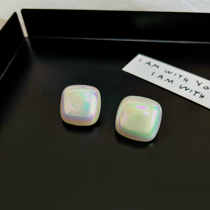 Iridescent Pearl Square Round Geometric Stud Earrings