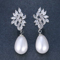 Silver Tone Leaf Crystal Pearl Drop Earrings Polished Metal Jewelry view 1