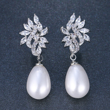 Silver Tone Leaf Crystal Pearl Drop Earrings Polished Metal Jewelry