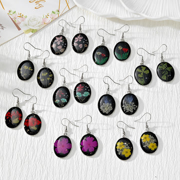 Black Oval Pressed Flower Drop Earrings in Nine Botanical Designs