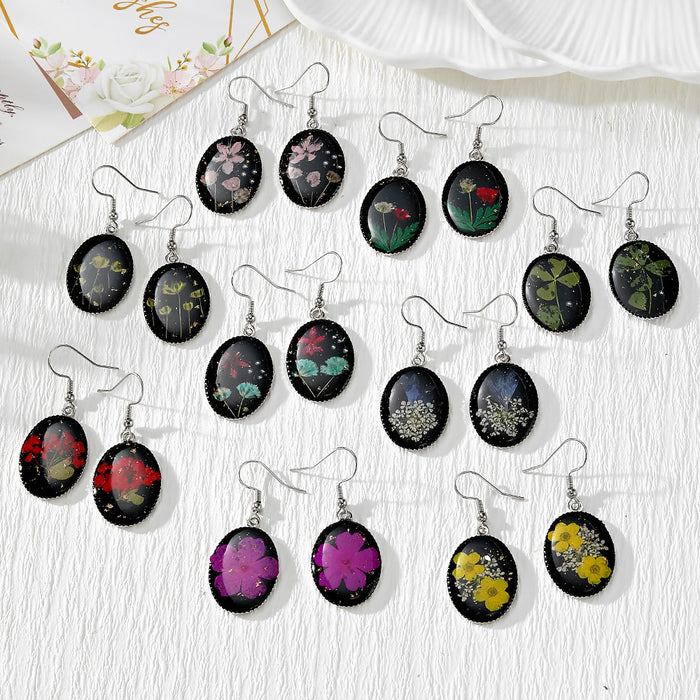 Black Oval Pressed Flower Drop Earrings in Nine Botanical Designs