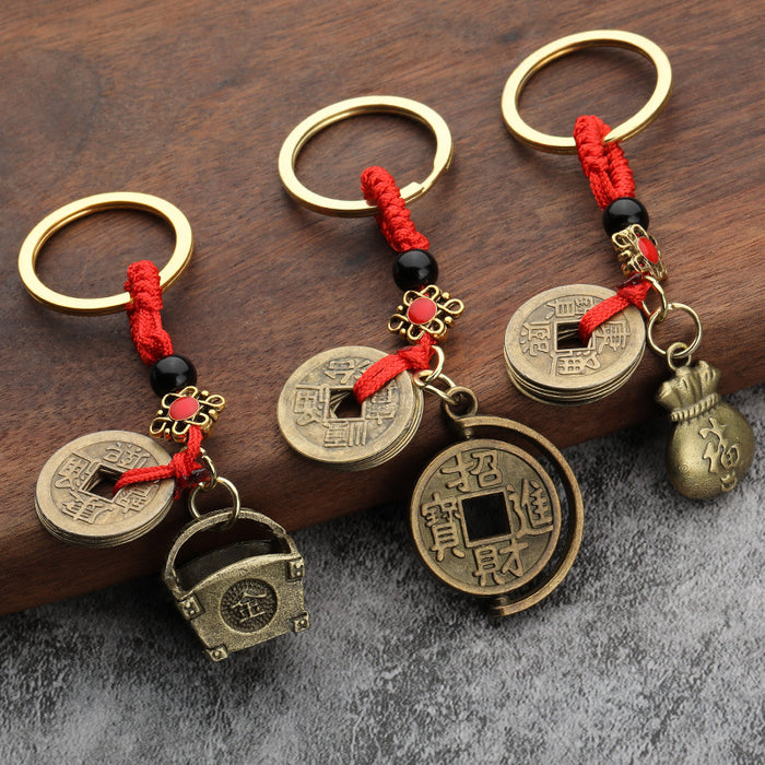 Five Emperor Coins Brass-Look Feng Shui Keychain Pendant Charm