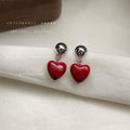 Silver Round Ball Stud Glossy Red Heart Drop Earrings view 3