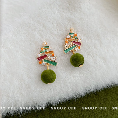 Christmas tree enamel earrings with green velvet poms on white fur