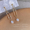 Gold-Tone Safety Pin Drop Earrings CZ Pave Pearl Dangles view 4