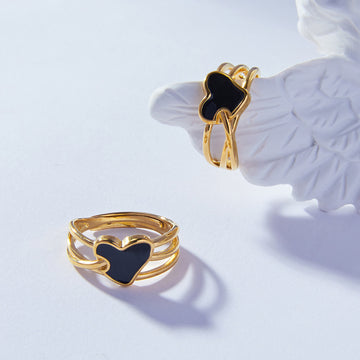 Gold Black Heart Oil Drip Adjustable Ring Free Size