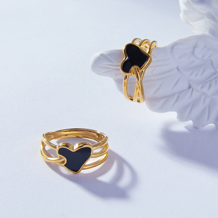 Gold Black Heart Oil Drip Adjustable Ring Free Size