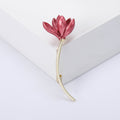 Enamel Magnolia Flower Stem Brooch Pink Red Gold Tone Pin view 7