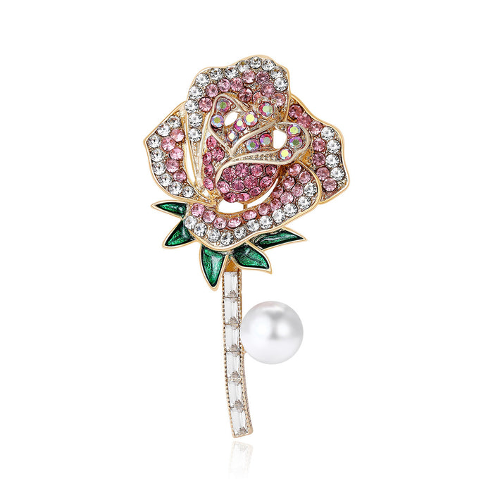 Crystal Rose Stem Brooch with Pearl Dangle Decorative Metal Pin