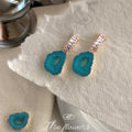 Gold Tone Turquoise Geode Slice Drop Earrings Crystal Bars view 1