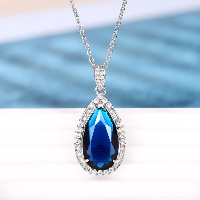 Silver Royal Blue Teardrop Halo Cubic Zirconia Pendant Necklace