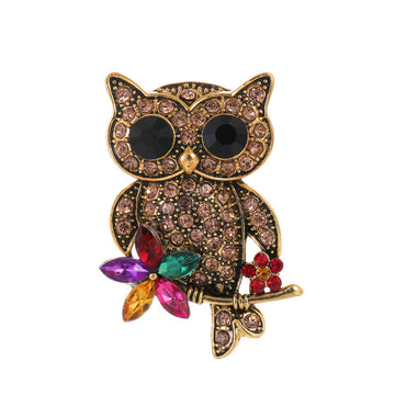 Black Gold Tone Owl Crystal Metal Brooch Pin for Jackets and Lapels