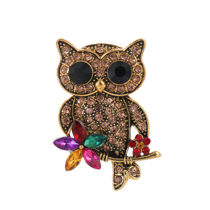 Black Gold Tone Owl Crystal Metal Brooch Pin for Jackets and Lapels