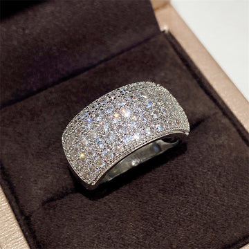Wide Curved Multi-Row Clear Stone Ring In Silver Tone