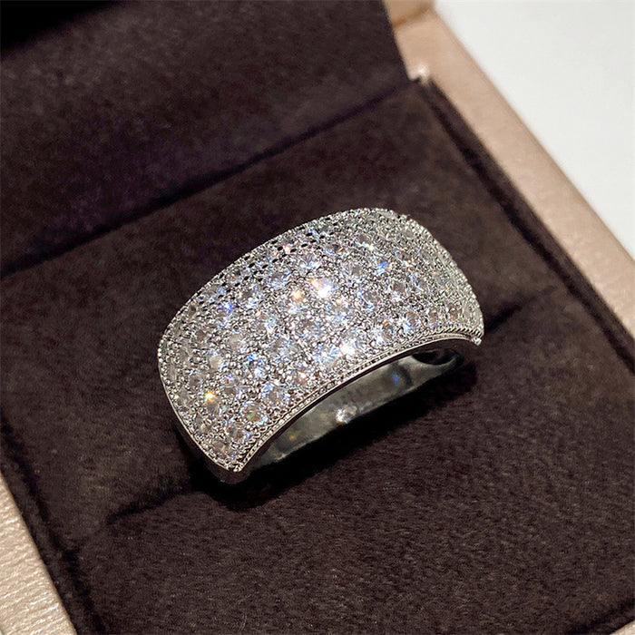 Wide Curved Multi-Row Clear Stone Ring In Silver Tone