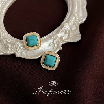 Turquoise Square Cabochon Stud Earrings Cream Gold Frame