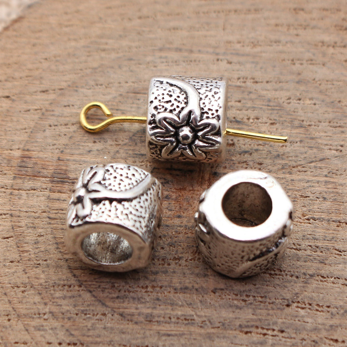 10x9.7x8.2mm 2g Antique Silver Zinc Alloy Flower Pattern Large Hole Beads for DIY Jewelry Making