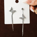 Silver Asymmetric Crystal Butterfly Tassel Chain Earrings view 2