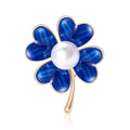 Enamel Four Leaf Clover Brooch Pearl Center Gold Stem Pin view 1