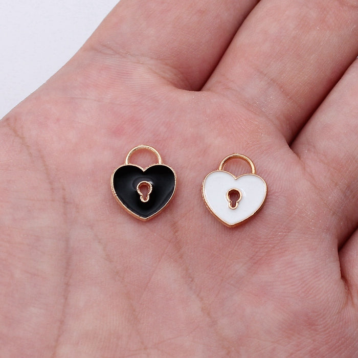 Gold Tone Enamel Heart Lock Charms in Black and White