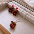 Brown Flocked Teddy Bear Red Heart Studs and Necklace view 2