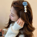 Pearl Fabric Rose Multi Prong Hair Comb Pins Blue White view 2