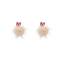 Cream Fur Pom Pom Stud Earrings with Red Heart Top Accents view 5