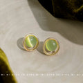 Gold Oval Frame Green Cat Eye Stud Earrings Cabochon Pair view 1