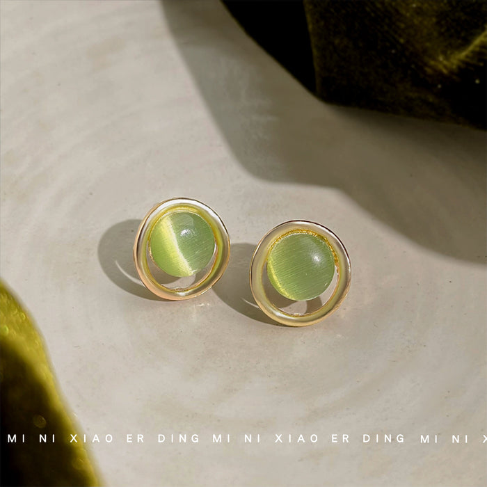 Gold Oval Frame Green Cat Eye Stud Earrings Cabochon Pair