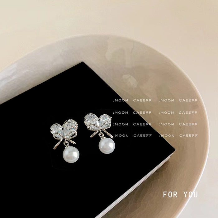 Silver-Tone Pavé CZ Bow Pearl Drop Stud Earrings Pair