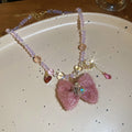 Fabric Bow Pearl Necklace Stud Earrings Pink White view 8