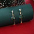 Green Christmas Tree Red Bead Long Dangle Stud Earrings view 2