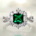 Silver Emerald Green Square Halo Twist Band Cocktail Ring view 1