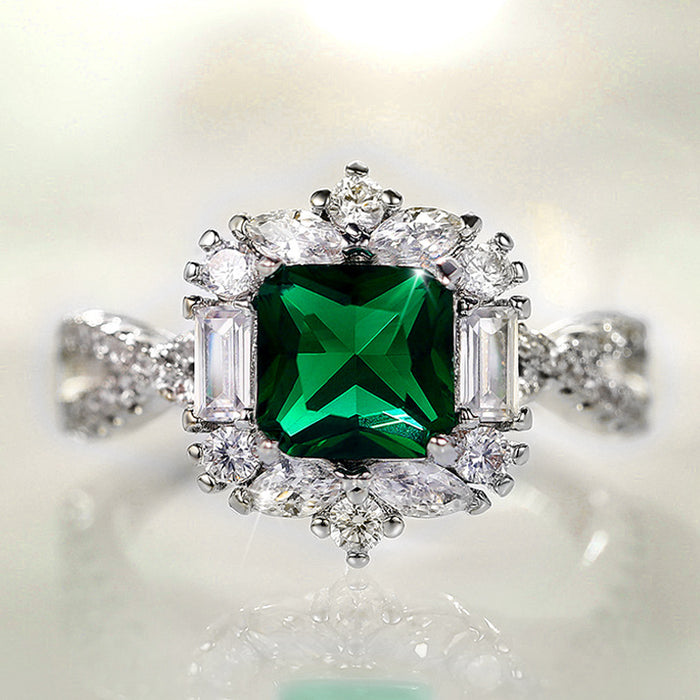 Silver Emerald Green Square Halo Twist Band Cocktail Ring