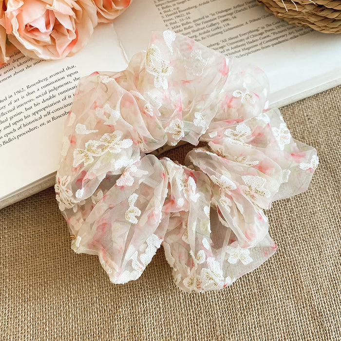 Lace Floral Mesh Scrunchies Pink Green Embroidered Hair Ties