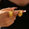 Gold Ribbed Open Cuff Ring With Layered Wave Face Design view 1