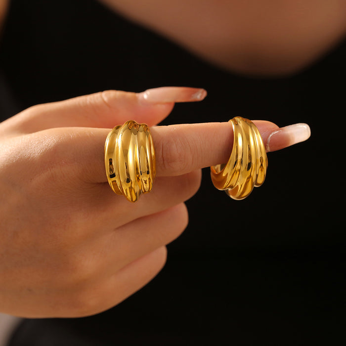 Gold Ribbed Open Cuff Ring With Layered Wave Face Design