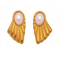 Fan Shell Pearl Stud Earrings Gold And Steel Tone Pair view 5