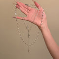 Silver Tone Layered Pearl Necklace With Cross And Crystal Charms view 6