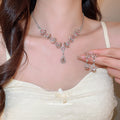 Pink Crystal Flower Teardrop Necklace and Earring Set view 2
