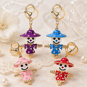 Enamel Scarecrow Keychain with Rhinestones and Gold-Tone Clasp