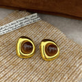 Gold Tone Organic Frame Stud Earrings with Brown Cabochons view 3