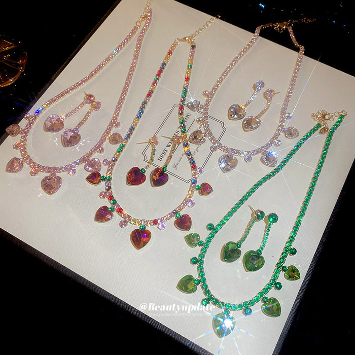 Multicolor Crystal Heart Drop Necklace and Earring Set