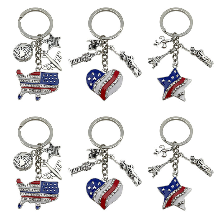 Rhinestone American Flag Star and Heart Keychains, 2 Styles