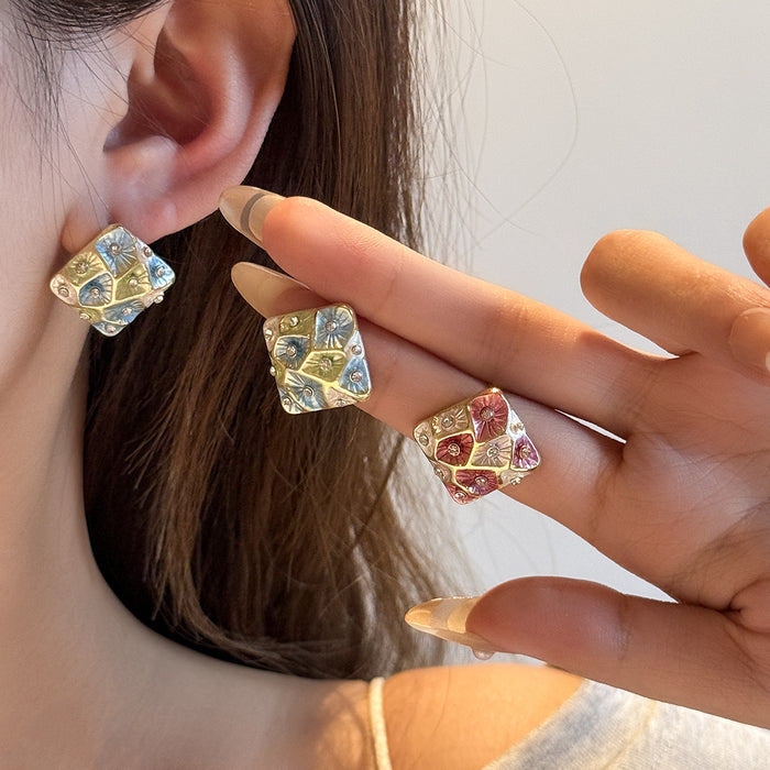 Pink and Blue Floral Pattern Square Gold Tone Stud Earrings