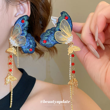 Blue Embroidered Butterfly Long Tassel Stud Earrings